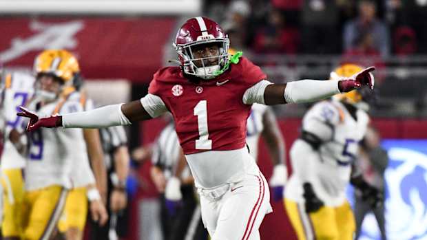 Nov 4, 2023; Tuscaloosa, Alabama, USA; Alabama Crimson Tide defensive back Kool-Aid McKinstry (1) celebrates after a missed field goal by LSU at Bryant-Denny Stadium. Mandatory Credit: Gary Cosby Jr.-USA TODAY Sports